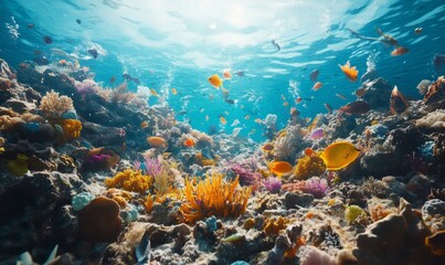 Obraz premium Dying coral reef surrounded by vibrant sea creatures, showcasing the effects of ocean pollution and climate change