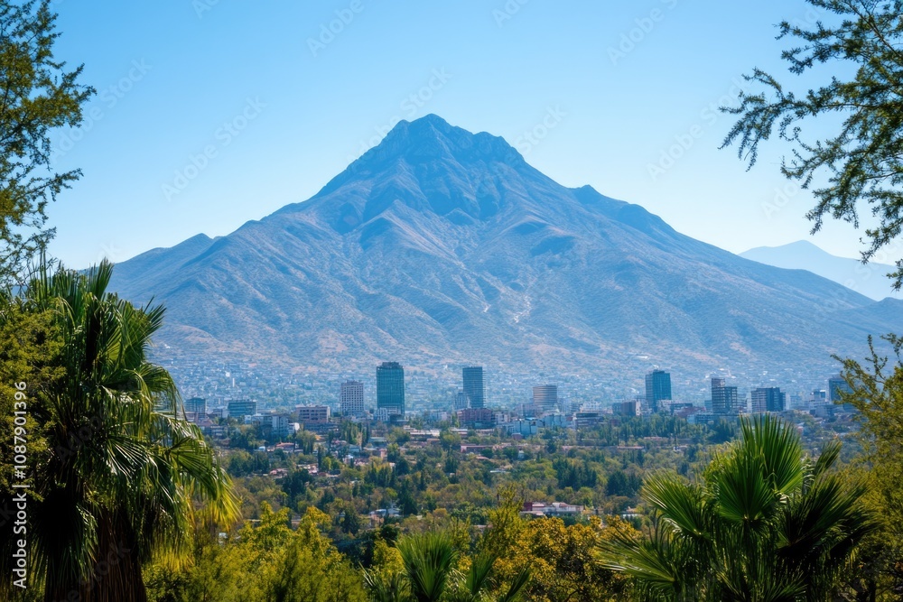 Poster urban landscape with a majestic mountain in the distance, suitable for use in travel or architecture