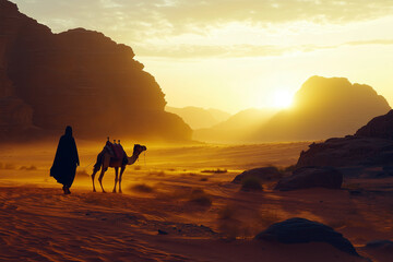 A lone Bedouin man walking with his camel at dawn, the first light of the day casting a golden glow on the desert.