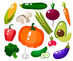 Set of fresh healthy vegetables isolated. Slices of vegetables. Flat design. Organic farm illustration. Healthy lifestyle vector design elements.