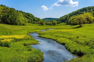 A serene landscape with a river flowing through a lush green field, perfect for use in travel or nature-inspired designs