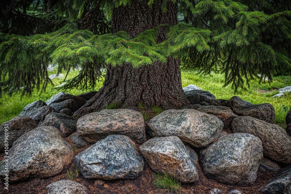 Aufkleber a pile of rocks situated beneath the branches of a tree