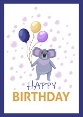 Children cute animal card. Koala bear with balloons. Greeting card Happy Birthday. Invitation.