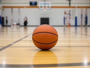 Isolated basketball placed on a gym floor, with blurred gym equipment and court lines in the background