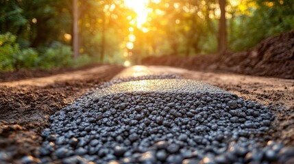 Fresh asphalt being laid on a new road in a forest at sunset.