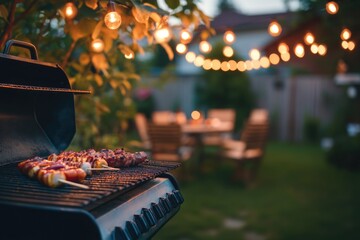 A colorful outdoor BBQ setup with various foods and drinks, perfect for an event or gathering