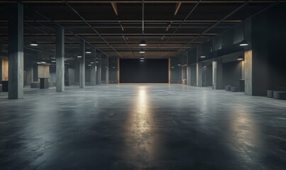 Fototapeta premium Empty industrial warehouse with polished concrete floor and ceiling lighting, featuring a large projector in the center. The space is modern with dark interior