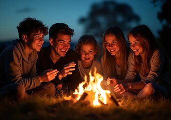 Fototapeta premium Friends Laughing Around a Campfire in the Evening Glow