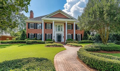 Elegant two-story brick house with a well-maintained garden and manicured lawn, featuring a paved walkway leading to the front entrance with white columns and black shutters.