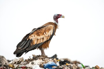 Obraz premium A large bird sits atop a pile of garbage, showcasing its adaptability and resourcefulness