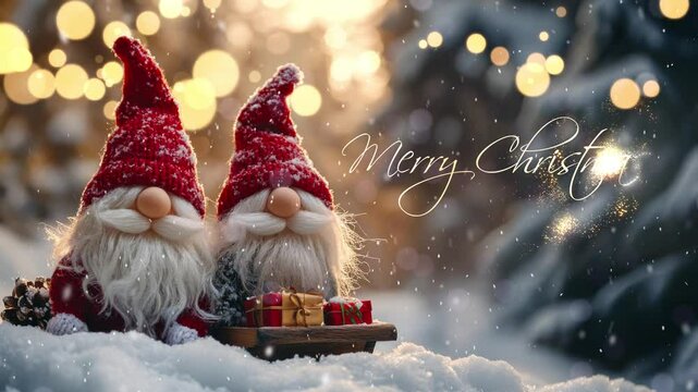 Two Santa Clauses on small wooden sleighs with gifts. Merry Christmas. Christmas greeting card with Santa Claus. Festive decoration. Cute funny gnomes, decorated for Christmas.