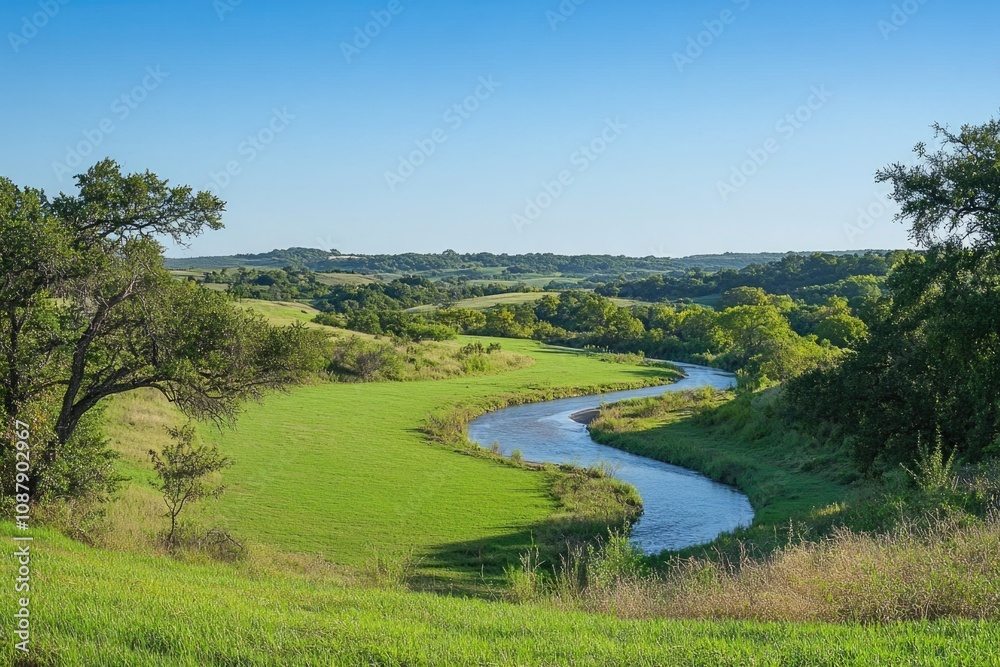 Poster a serene landscape with a river flowing gently through a lush green field, perfect for use in enviro