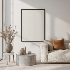 Frame mockup, ISO A paper size. Living room wall poster mockup. Interior mockup with house background. Modern interior design. 3D render  
