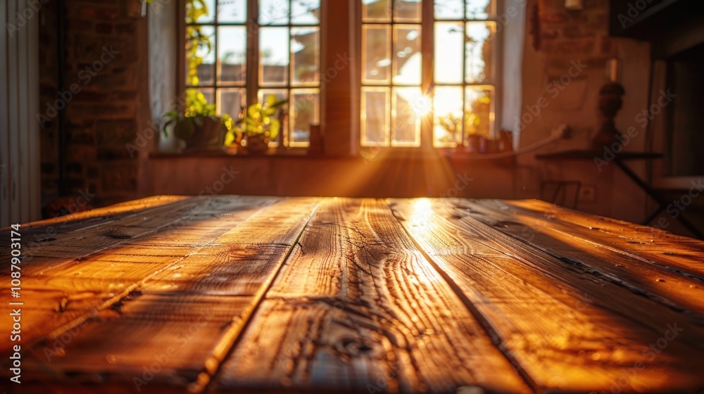 Poster a wooden table with sunlight streaming through the window