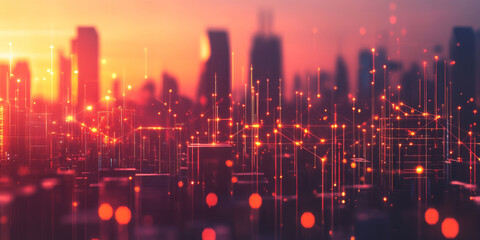 Fototapeta premium Futuristic city skyline with glowing blockchain network