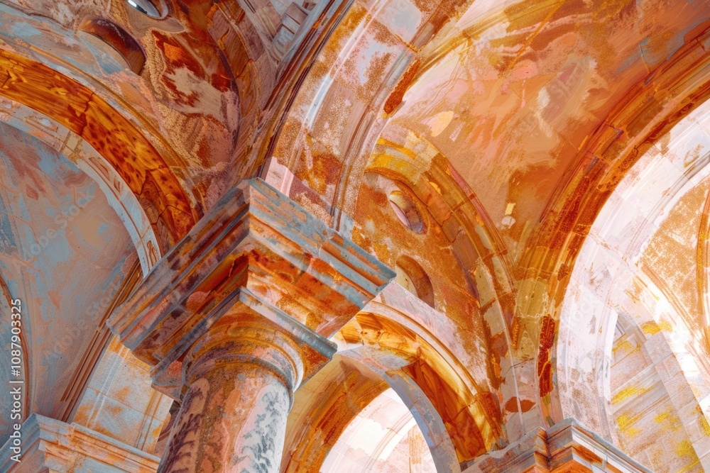 Poster a church interior featuring a large clock on the wall, suitable for use in a historical or architect