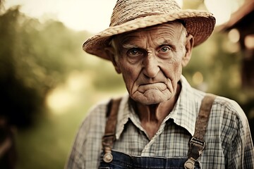 Fototapeta premium Portrait of elderly man with serious expression in rural setting