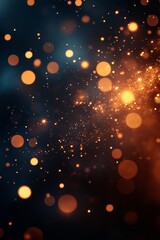 Obraz premium Golden particles swirling and creating a sparkling bokeh effect on a dark bronze background, perfect for festive and celebratory designs