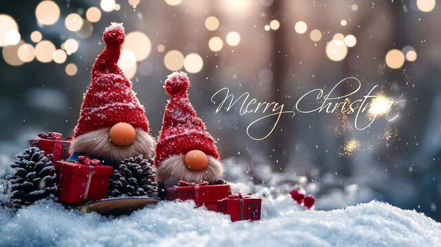 Two Santa Clauses on small wooden sleighs with gifts. Merry Christmas. Christmas greeting card with Santa Claus. Festive decoration. Cute funny gnomes, decorated for Christmas.