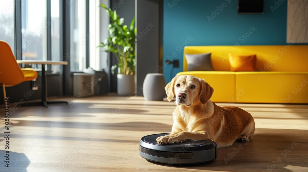 Aufkleber a dog enjoys a comfortable spot on a smart feeding station in a pet-friendly area filled with natura
