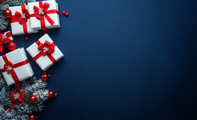 Obraz premium Merry Christmas and Happy Holidays greeting card, frame, banner. New Year. Noel. Red and white Christmas red ornaments and gifts on blue background top view. Winter xmas holiday theme. 