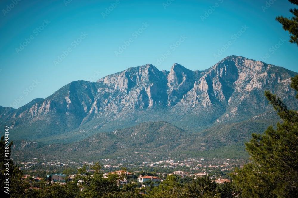 Poster view of a mountain range with a town in the foreground, suitable for travel or landscape images