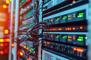 Naklejka premium A collection of wires connected to a server, ideal for use in technology and IT-related contexts