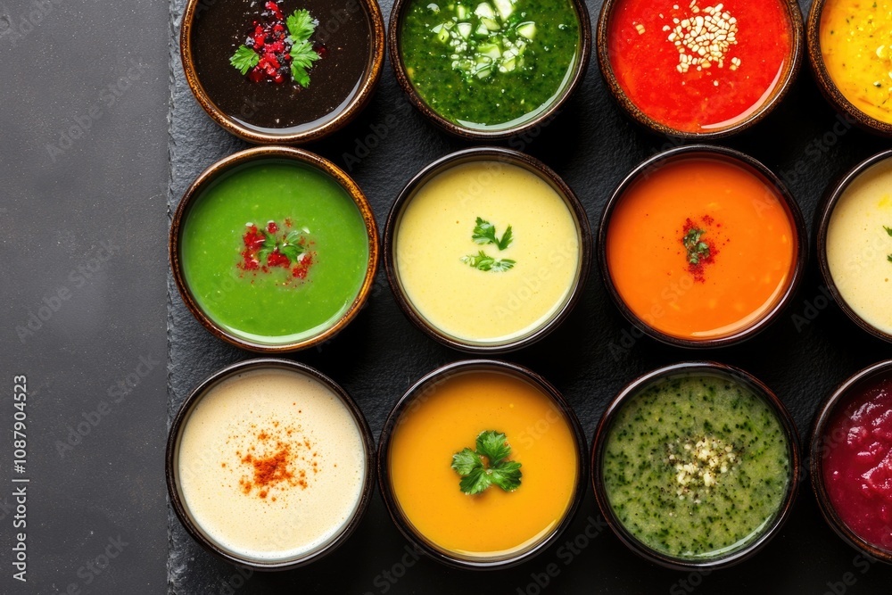 Poster assorted soups served in small bowls on a table, great for presentation or demonstration