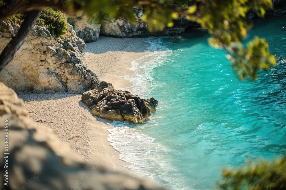 Aufkleber a photograph of a rock submerged in the ocean on a sandy beach, suitable for use in travel or nature