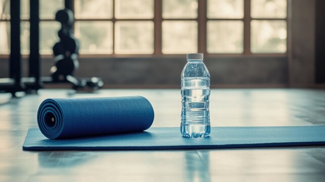 A water bottle sitting on top of a yoga mat, great for post-workout hydration or meditation