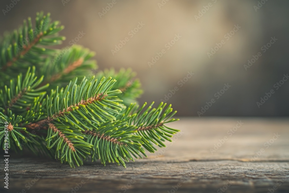 Poster a close-up shot of a pine tree branch on a table, perfect for decorative or design purposes