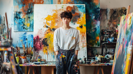Obraz premium Young Artist Standing in a Colorful Studio Surrounded by Abstract Paintings. Creative Scene Featuring Vibrant Artwork, Paint Brushes, and an Artistic Atmosphere. Image Made Using Generative AI.