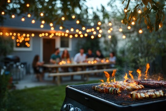 A colorful outdoor BBQ scene with plenty of food options, ideal for a backyard party or picnic
