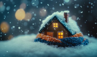 Miniature house covered with snow and wrapped in a blue and orange knitted scarf, with snowflakes falling around, symbolizing winter and home heating