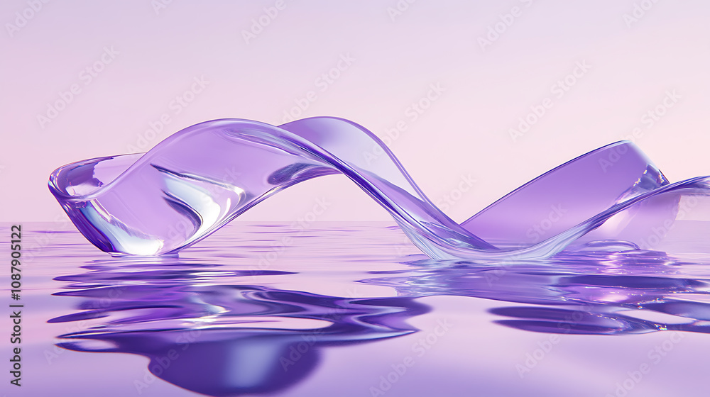 Poster 3d rendering of a minimalist abstract purple background with a curvy glass ribbon and reflective wat