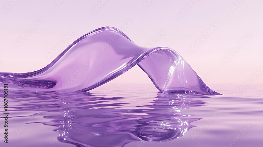 Aufkleber 3D rendering of a minimalist abstract purple background with a curvy glass ribbon and reflective water surface effects