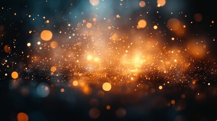 Obraz premium Golden particles and bokeh effect creating a magical atmosphere on a dark bronze background, ideal for festive designs