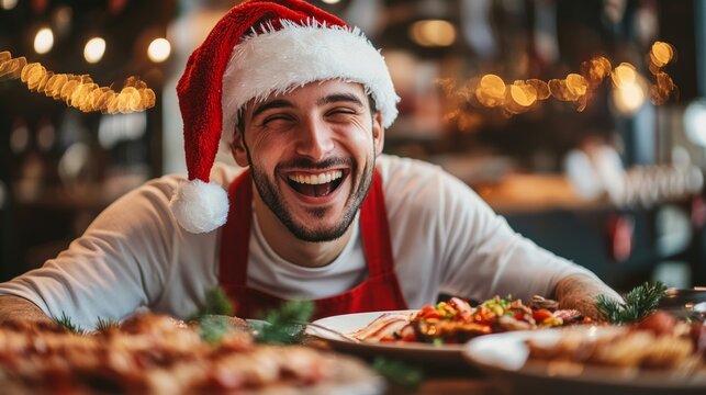 Portrait of a happy food critic in Santa hat reviewing holiday meals festive culinary spirit