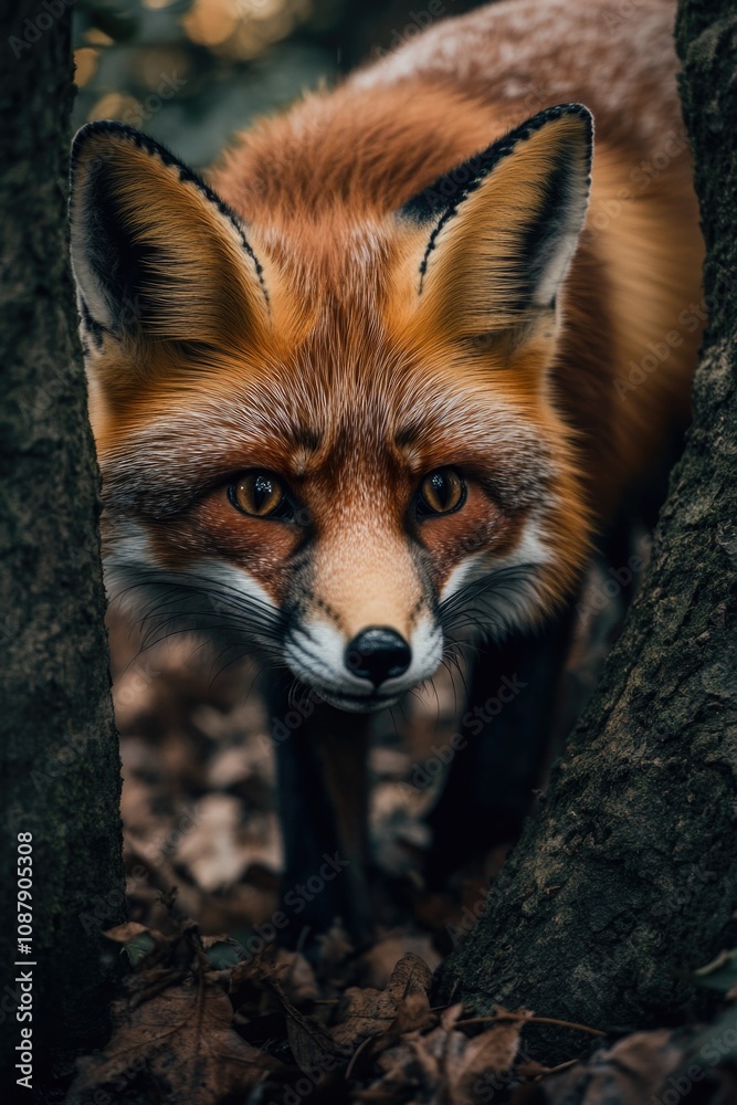 Poster a close-up view of a red fox looking directly at the camera, showcasing its striking features