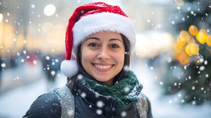Portrait of a happy tour guide in Santa hat Christmas-themed city tour holiday travel