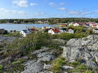 landscape of the islands of Donsö and Styrsö with houses and the sea through the strait
