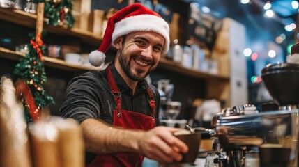 Portrait of a joyful barista in Santa hat serving coffee with Christmas cheer festive atmosphere