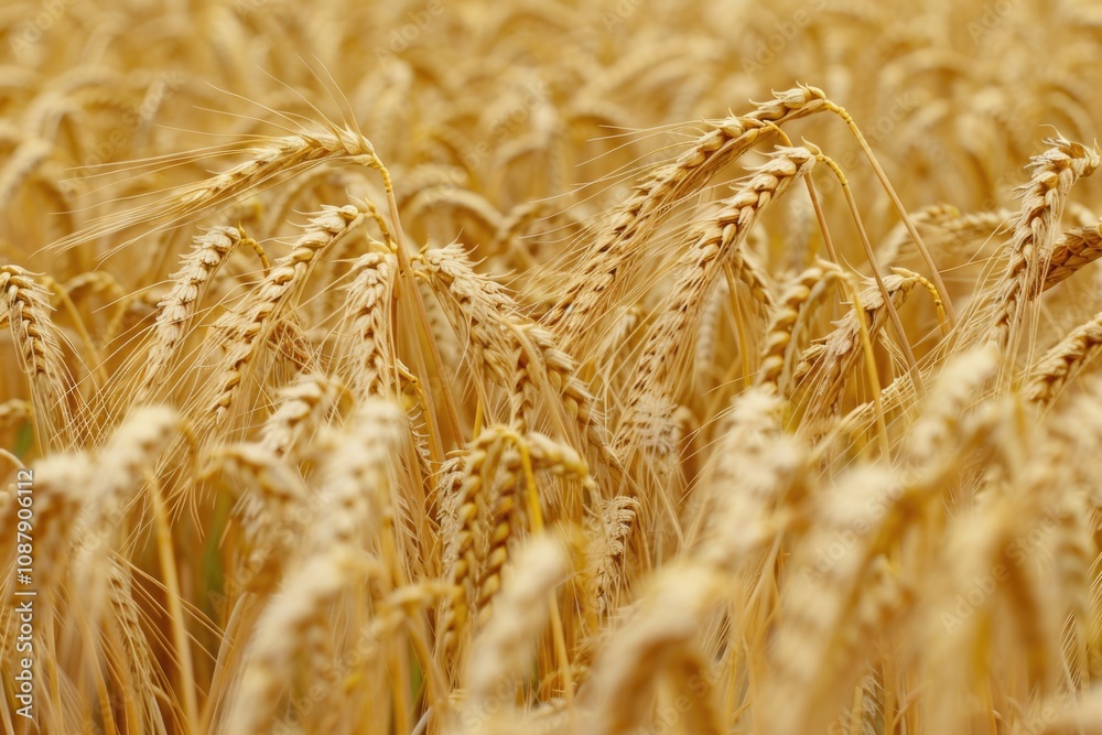 Poster close-up of a field of wheat with golden grain and green stems