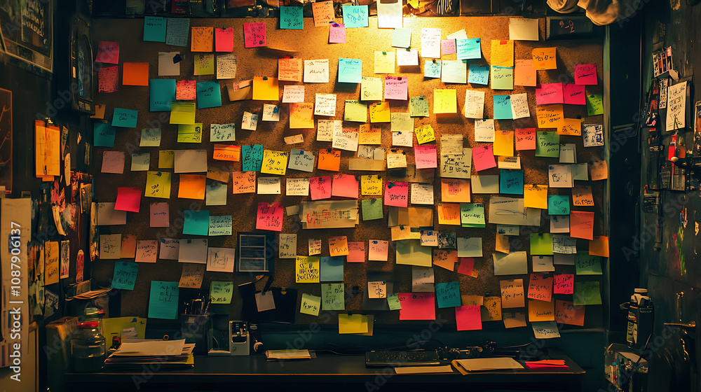 Poster a cork board covered in colorful post it notes, great for organizing ideas and reminders