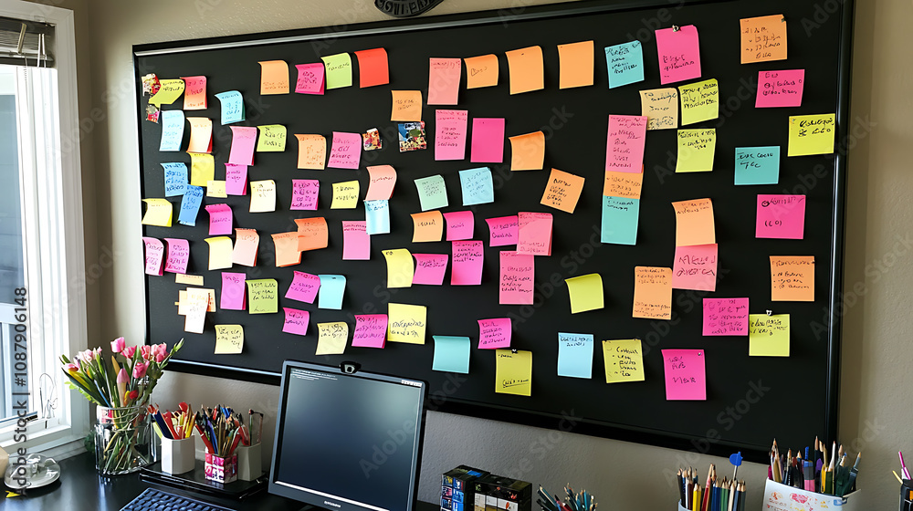 Poster a cork board covered in colorful post it notes, great for organizing ideas and reminders