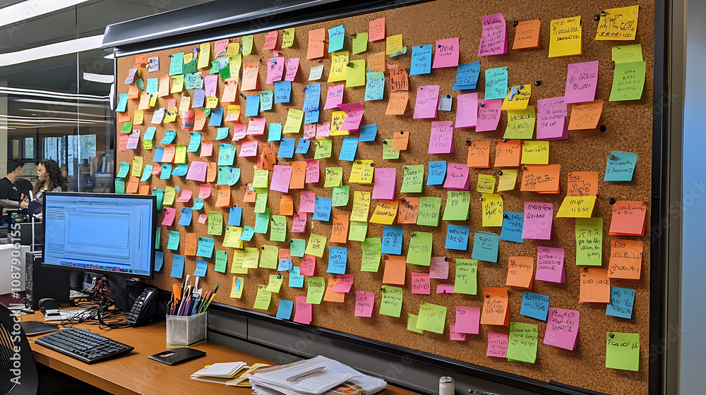 Poster a cork board covered in colorful post it notes, great for organizing ideas and reminders