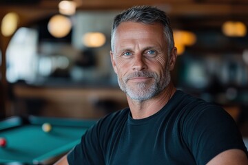 Fototapeta premium Middle-aged man with gray hair and a confident smile, dressed in a black shirt, in a modern setting with warm lighting and pool table in the background.