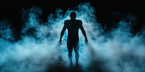 Silhouette of man amidst blue mist with dramatic lighting.