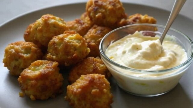 4K Wide Shot of Freshly Fried Falafel with Creamy Dipping Sauce on Grey Table