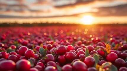 Sunset over a vast cranberry bog, ripe red berries glistening.
